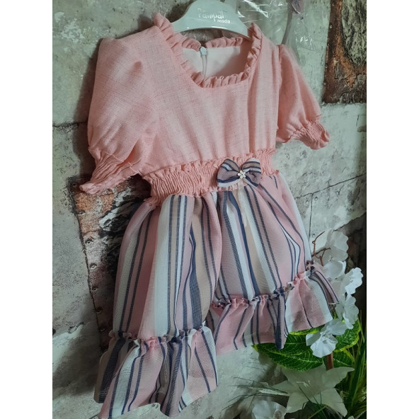 PAMPAL YARIM KOL ÇİZGİLİ TAÇLI ELBİSE - 8