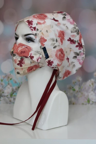 Tesettür Suluboya Güller Cerrahi Bone Maske Takım Geniş Kesim