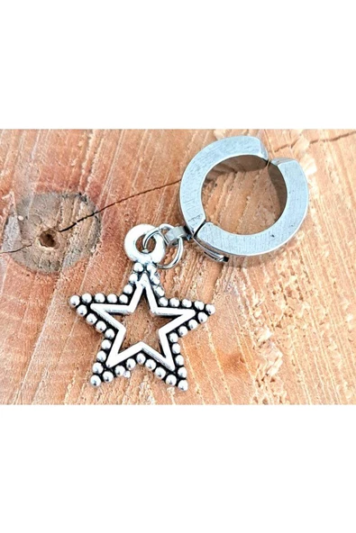 Çelik Gümüş Renk Yıldızlı Kıstırmalı Unisex Küpe ürün görseli 1