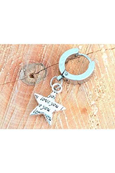 Çelik Gümüş Renk Kabarma Yıldızlı Unisex Küpe