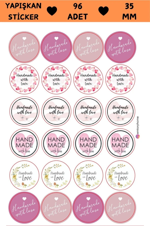 Renkli Handmade Love Sticker - Renkli Sticker - Paketleme Sticker - Handmade With Love