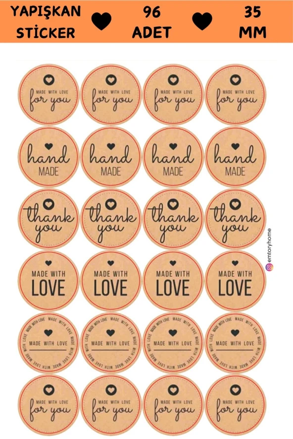 Bohemian Kraft Sticker - Handmade Love Sticker - Thank You Sticker - Teşekkürler Sticker