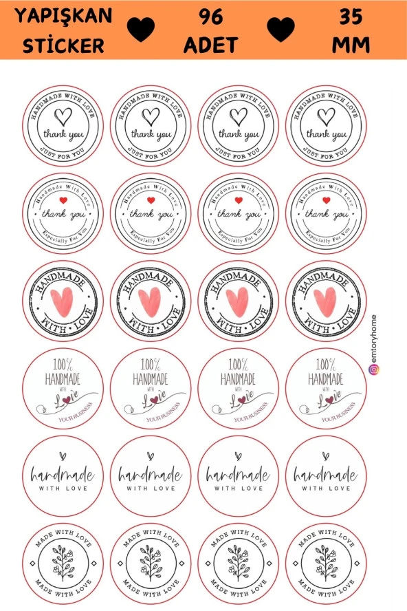 Beyaz Handmade Love Kolaj Sticker - Paketleme Sticker - Hediye Paketi Sticker - Love Sticker