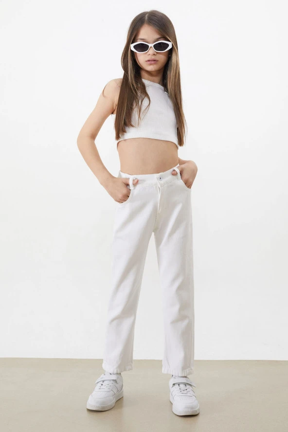 Beyaz Beli Lastikli Mom Jean Kız Çocuk Pantolon 18486