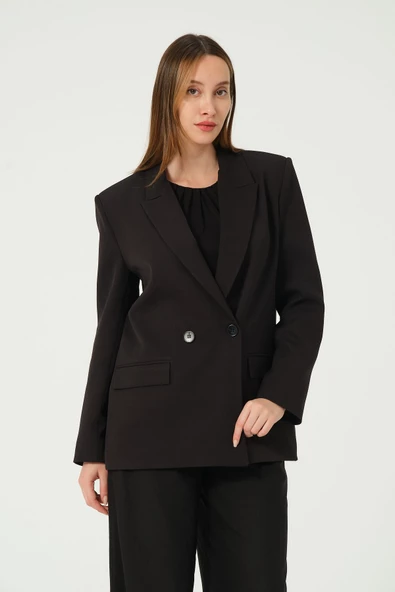 Siyah Regular Astarlı Dokuma Oversize Blazer Ceket