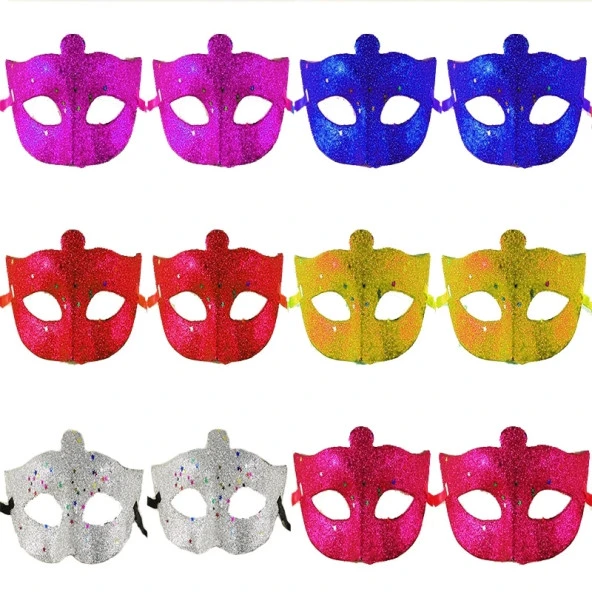 Simli Metalize İşlemeli Maskeli Balo Partisi 6 Renk Maske 12 Adet (1243)