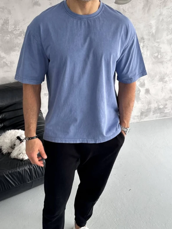 Unisex Yıkamalı T-Shirt - Mavi
