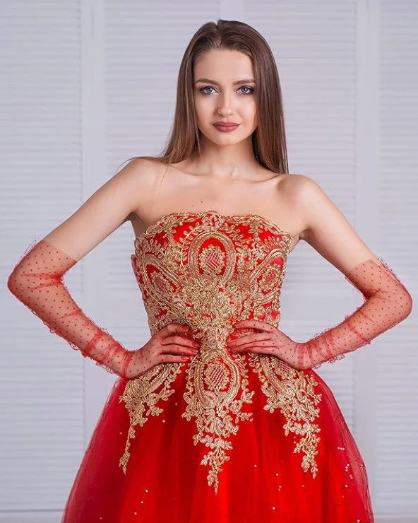 himarry Uzun Boy Kırmızı Puantiyeli Kırmızı Renk Yetişkin Tül Eldiven 55 cm