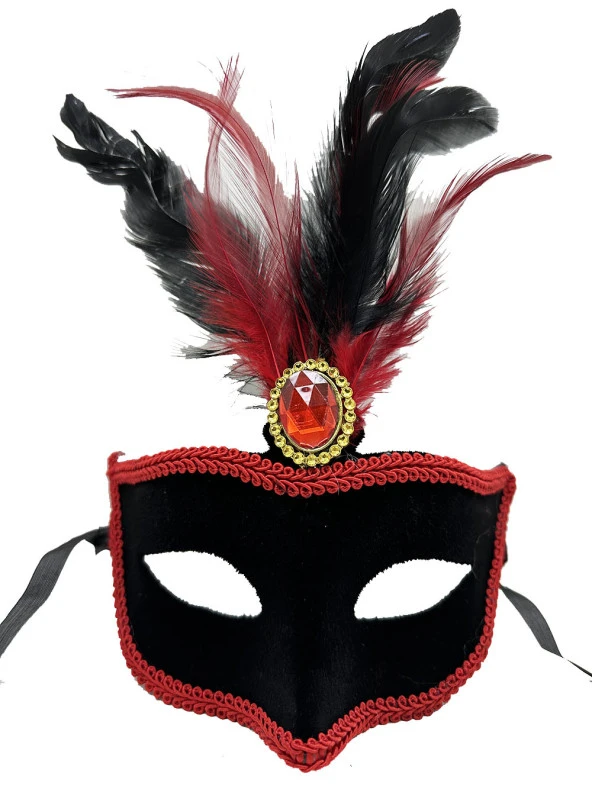 himarry Kırmızı Dantelli Siyah Kırmızı Tüylü Siyah Süet Kaplama Parti Maskesi 17x25 cm