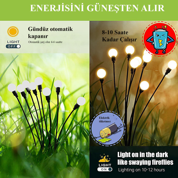 2 Adet Sarı Renk 8 Dal Işık Buketi Ateş Böceği Modeli Bahçe Solar Güneş Enerjili Firefly A57 (2 ADET) - 4