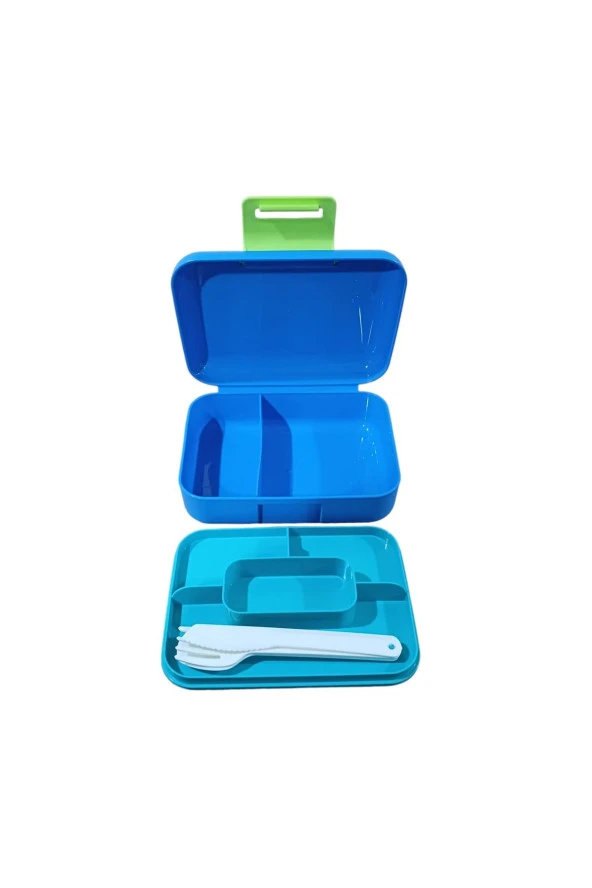 Beslenme Kutusu Çift Katlı Alt Hazne İki Bölmeli Yemek Saklama Kabı Çatal Kaşık Bıçak Set Mavi - 2