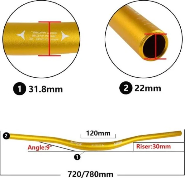 Wake Alüminyum 31.8 780 mm Riser Mtb Gidon Bisiklet Gidonu Gold - 3