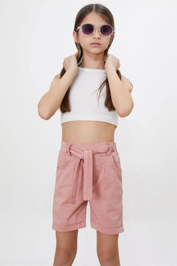 Pembe Beli Lastikli Kuşaklı Kız Çocuk Şort 18480 - 3