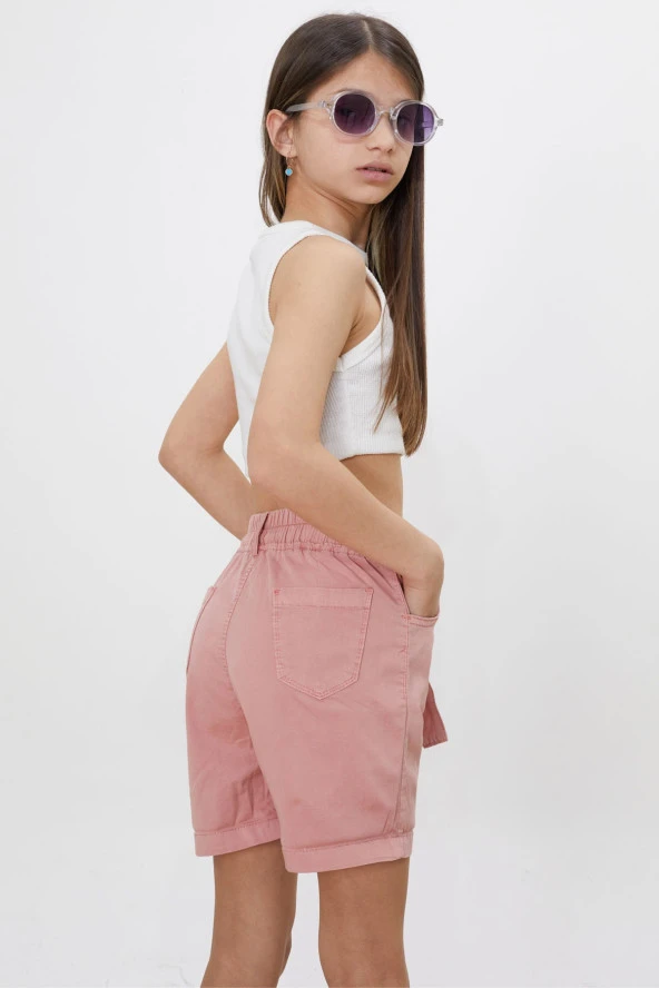 Pembe Beli Lastikli Kuşaklı Kız Çocuk Şort 18480 - 5