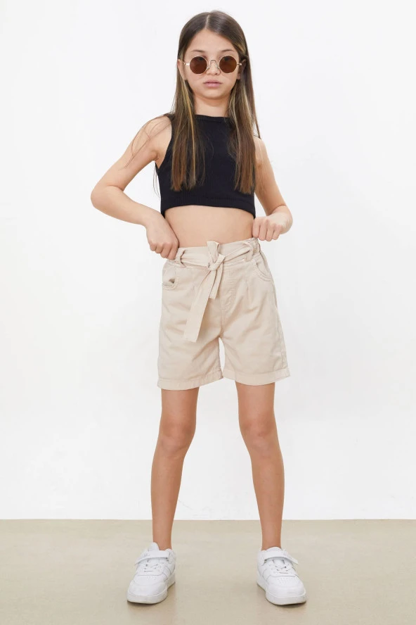 Bej Beli Lastikli Kuşaklı Kız Çocuk Şort 18478 - 2