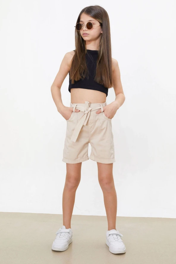 Bej Beli Lastikli Kuşaklı Kız Çocuk Şort 18478 - 4
