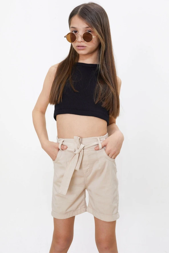 Bej Beli Lastikli Kuşaklı Kız Çocuk Şort 18478 - 5