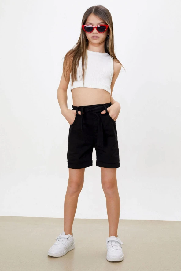 Siyah Beli Lastikli Kuşaklı Kız Çocuk Şort 18477 - 2