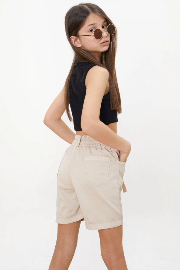 Bej Beli Lastikli Kuşaklı Kız Çocuk Şort 18478 - 6