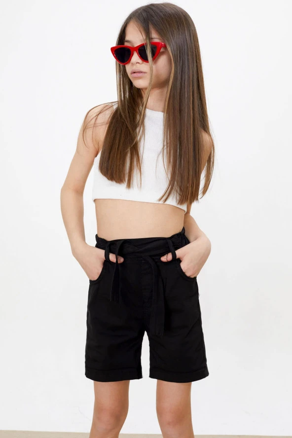 Siyah Beli Lastikli Kuşaklı Kız Çocuk Şort 18477 - 5