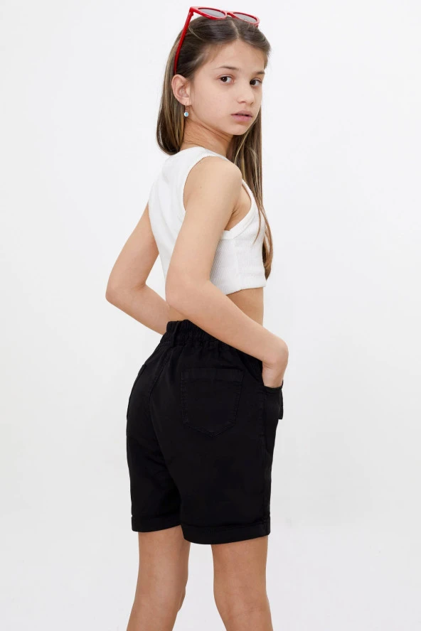 Siyah Beli Lastikli Kuşaklı Kız Çocuk Şort 18477 - 6