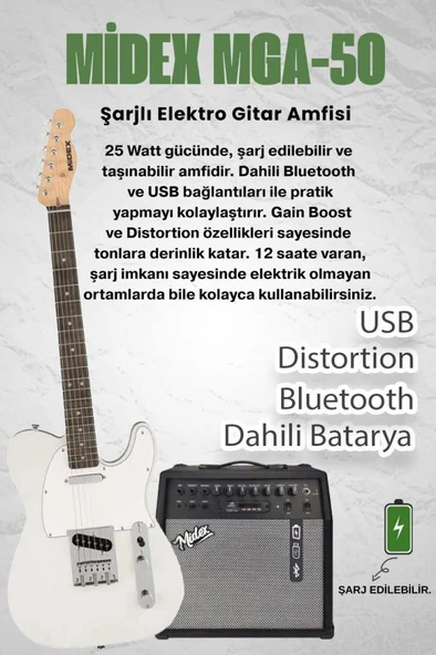 Midex TLX-50WH-50AMP Tele Kasa Gül Klavye 2 Single-Coil 50W Amfili Elektro Gitar - Resim 2