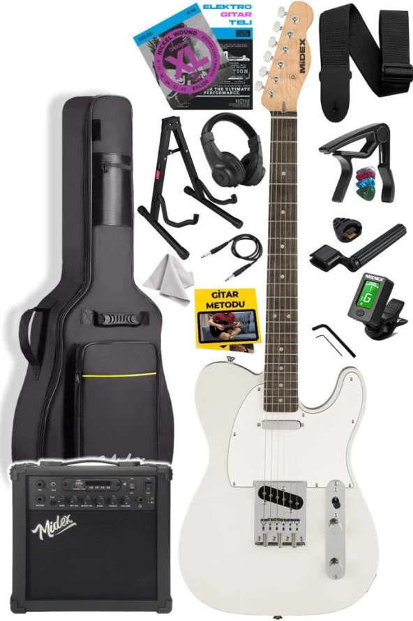 Midex TLX-50WH-25AMP Tele Kasa Gül Klavye 2 Single-Coil 25W Amfili Elektro Gitar