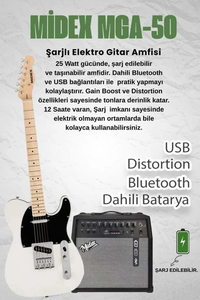 Midex TLX-50CR-50AMP Tele Kasa Maple Klavye 2 Single-Coil 50W Amfili Elektro Gitar - Resim 2