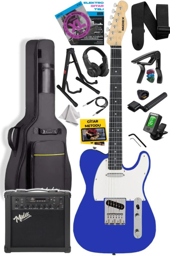 Midex TLX-50BL-25AMP Tele Kasa Maple Klavye 2 Single-Coil 25W Amfili Elektro Gitar