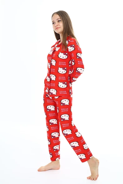 Kız Çocuk Kedi Baskılı Pijama Takımı 7-16 Yaş 0150 - Resim 4