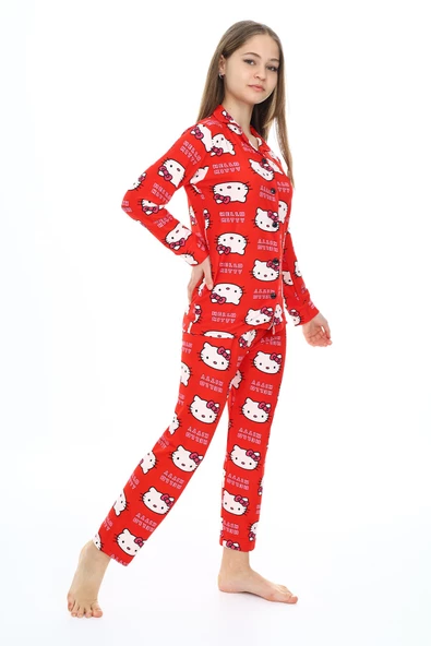 Kız Çocuk Kedi Baskılı Pijama Takımı 7-16 Yaş 0150 - Resim 5