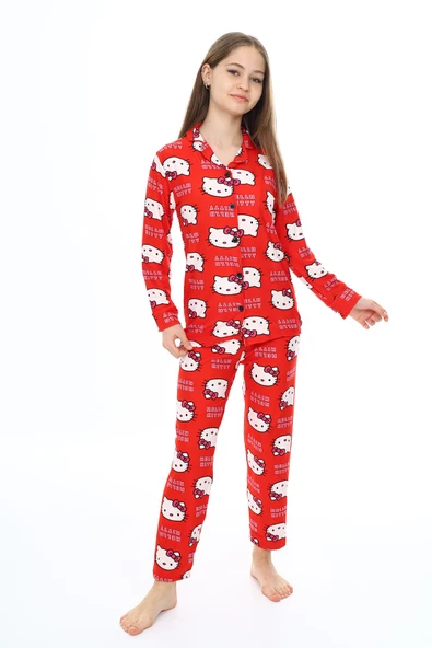 Kız Çocuk Kedi Baskılı Pijama Takımı 7-16 Yaş 0150 - Resim 2