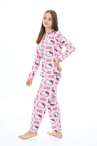 Kız Çocuk Kedi Baskılı Pijama Takımı 7-16 Yaş 0150 - Resim 9