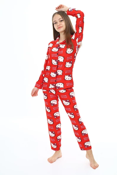 Kız Çocuk Kedi Baskılı Pijama Takımı 7-16 Yaş 0150 - Resim 6