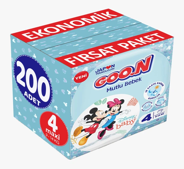 Goon Mutlu Bebek Bebek Bezi Beden:4 (9-14Kg) Maxi 200 Adet Ekonomik Fırsat Pk