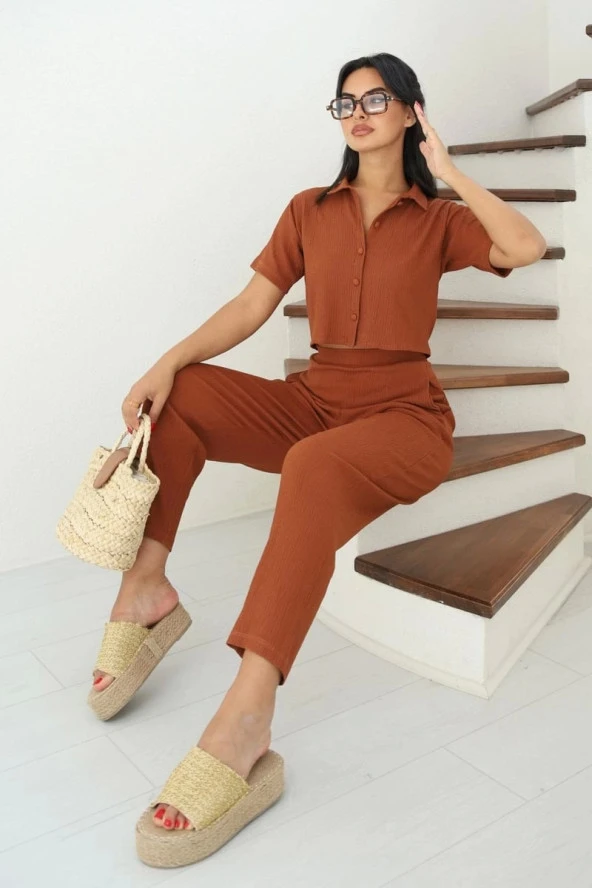 Kaplama Düğme Detaylı Açık Kahve Alt Üst Crop Top Takım - 4