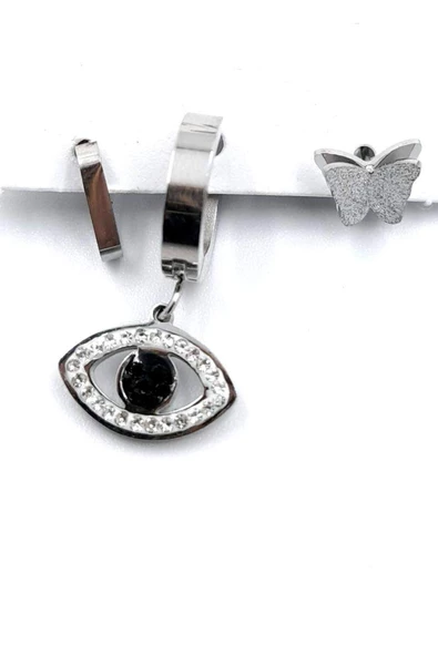 Gümüş Renk Üçlü Çelik Küpe