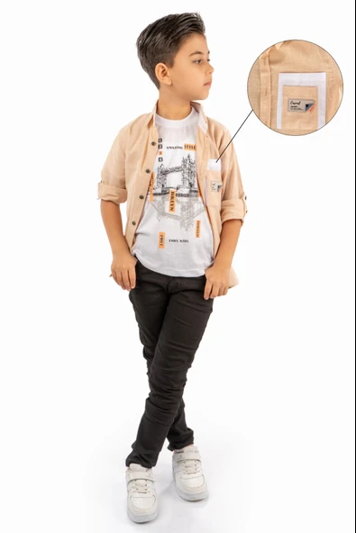Çift Cepli Gömlek , Pantolon , T-Shirt 3Parça Pamuklu Erkek Çocuk Takım MNK965 - 9