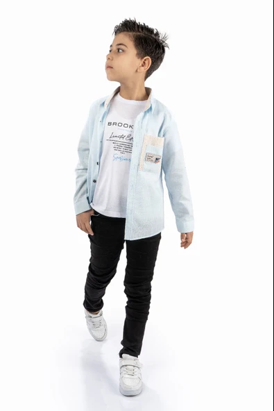 Çift Cepli Gömlek , Pantolon , T-Shirt 3Parça Pamuklu Erkek Çocuk Takım MNK965 - 2