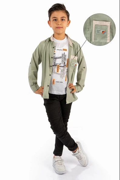 Çift Cepli Gömlek , Pantolon , T-Shirt 3Parça Pamuklu Erkek Çocuk Takım MNK965 - 7