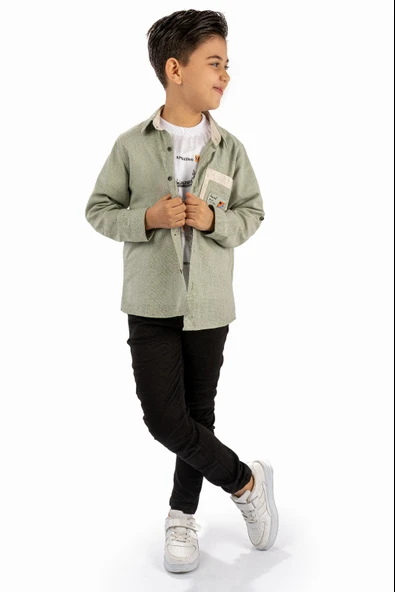 Çift Cepli Gömlek , Pantolon , T-Shirt 3Parça Pamuklu Erkek Çocuk Takım MNK965 - 5