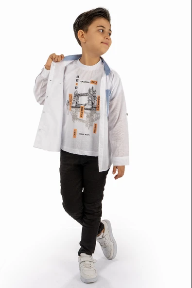 Çift Cepli Gömlek , Pantolon , T-Shirt 3Parça Pamuklu Erkek Çocuk Takım MNK965 - 3