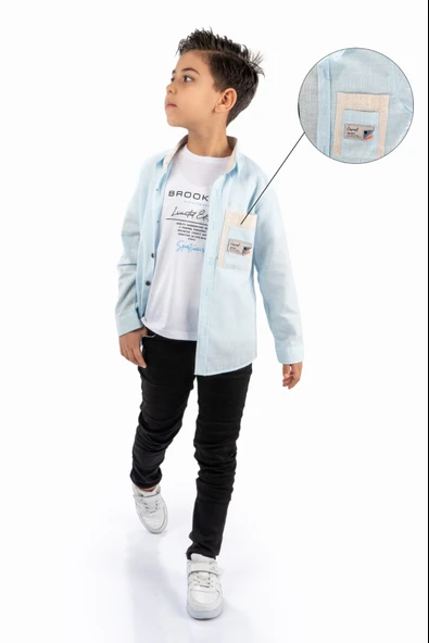 Çift Cepli Gömlek , Pantolon , T-Shirt 3Parça Pamuklu Erkek Çocuk Takım MNK965 - 6