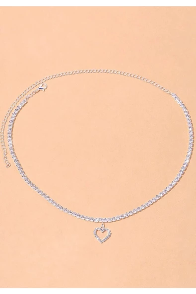 Kalp Detaylı Kristal Taşlı Rhinestone Kalpli Kolye - 2