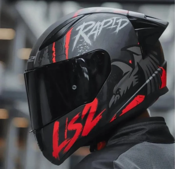 LS2 RAPID 2 RACE RAVEN MAT SİYAH-KIRMIZI KAPALI MOTOSİKLET KASKI SİYAH CAMLI