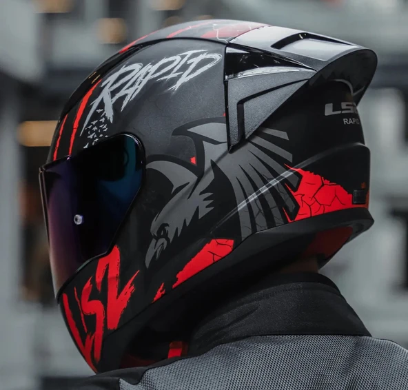 LS2 RAPID 2 RACE RAVEN MAT SİYAH-KIRMIZI KAPALI MOTOSİKLET KASKI GÖKKUŞAĞI CAMLI - 4