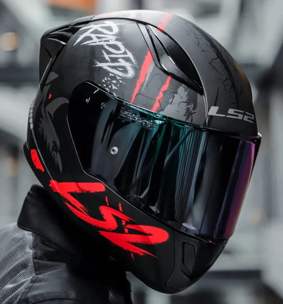 LS2 RAPID 2 RACE RAVEN MAT SİYAH-KIRMIZI KAPALI MOTOSİKLET KASKI GÖKKUŞAĞI CAMLI - 5