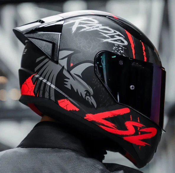 LS2 RAPID 2 RACE RAVEN MAT SİYAH-KIRMIZI KAPALI MOTOSİKLET KASKI GÖKKUŞAĞI CAMLI - 3