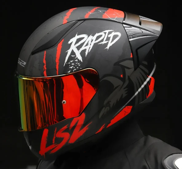 LS2 RAPID 2 RACE RAVEN MAT SİYAH-KIRMIZI KAPALI MOTOSİKLET KASKI KIRMIZI CAMLI