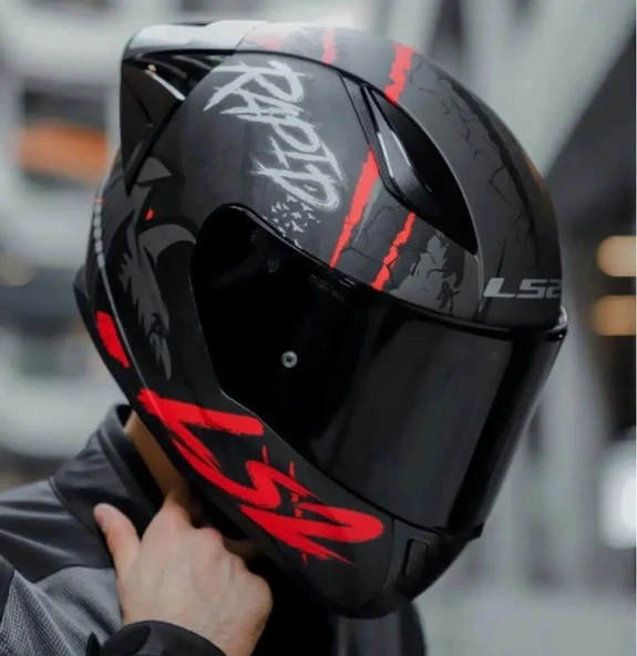 LS2 RAPID 2 RACE RAVEN MAT SİYAH-KIRMIZI KAPALI MOTOSİKLET KASKI SİYAH CAMLI - 4